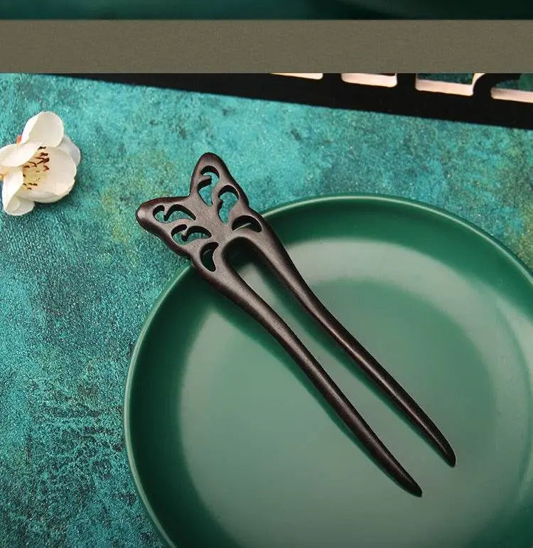 black sandalwood double prong u shaped hairpin for short haired girls vintage gift - star8s