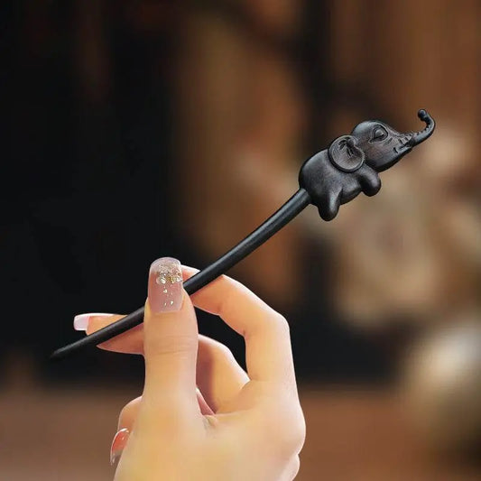 Black Sandalwood Elephant Hairpin Vintage Chic for Bun & Girlfriend Gift - STAR8S