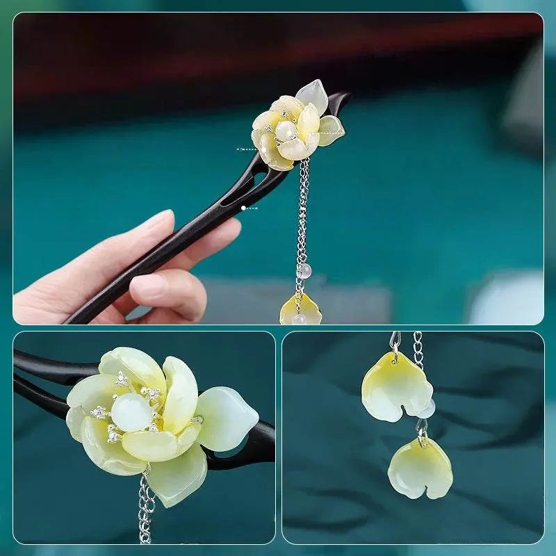 Black Sandalwood Vintage Tassel Hairpin for Hanfu Premium Bun Accessory - STAR8S