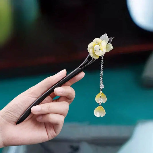 Black Sandalwood Vintage Tassel Hairpin for Hanfu Premium Bun Accessory - STAR8S