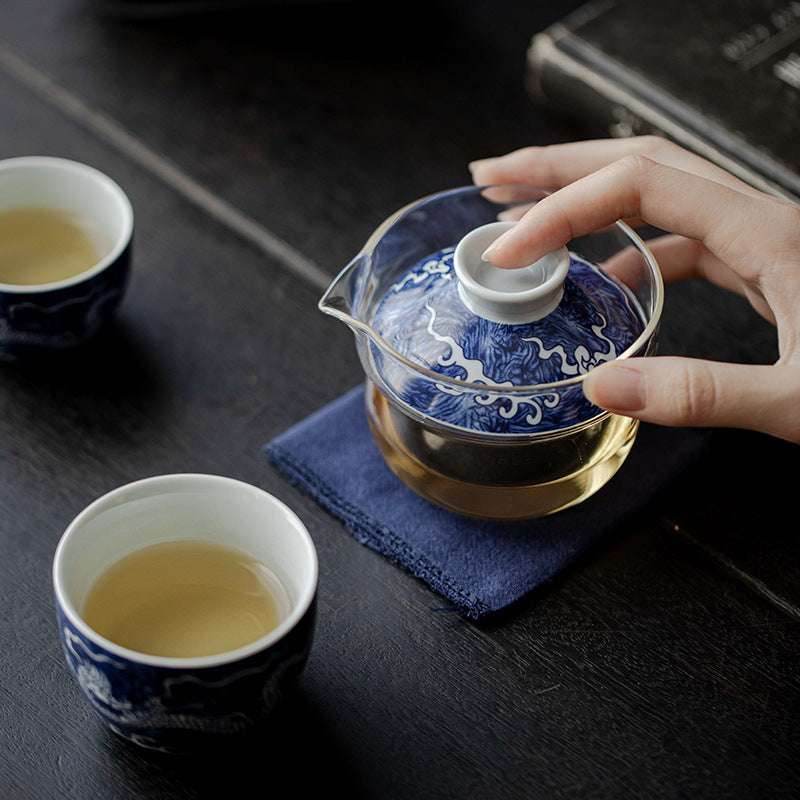 blue white glass kuaike cup portable gongfu tea set for outdoor - star8s