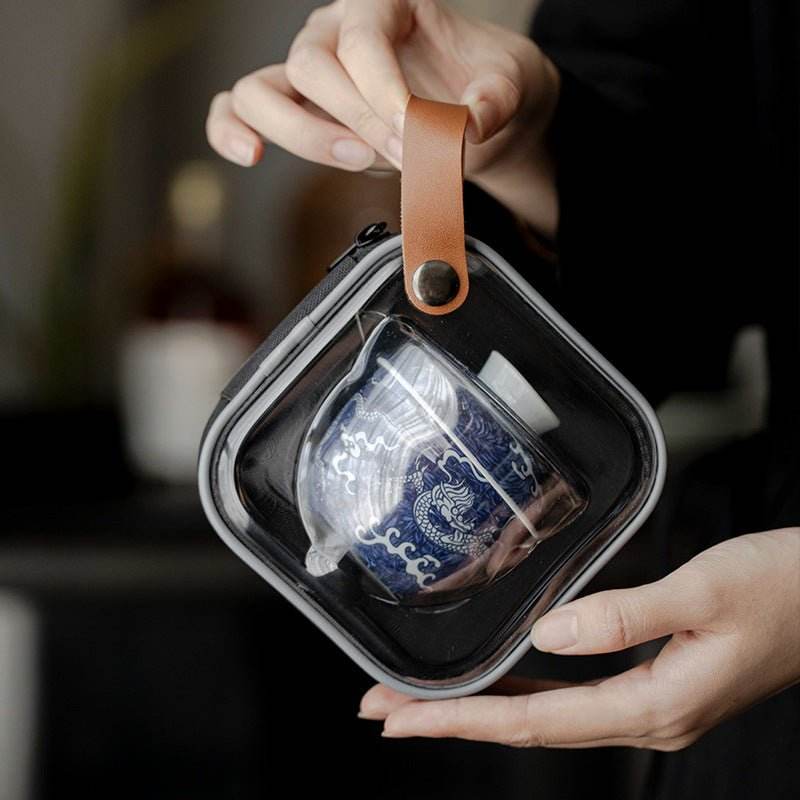 blue white glass kuaike cup portable gongfu tea set for outdoor - star8s