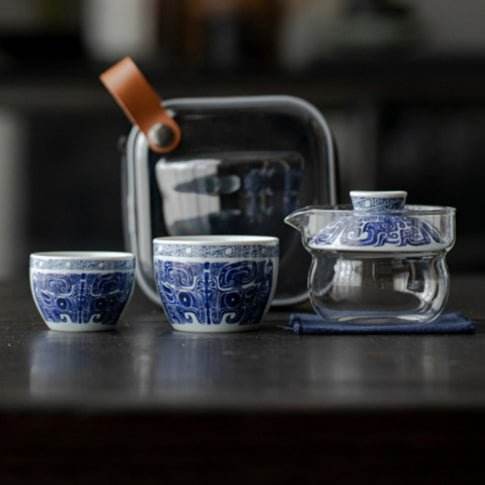 blue white glass kuaike cup portable gongfu tea set for outdoor - star8s