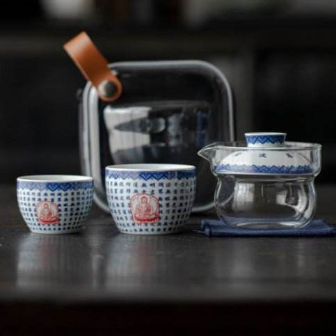 blue white glass kuaike cup portable gongfu tea set for outdoor - star8s