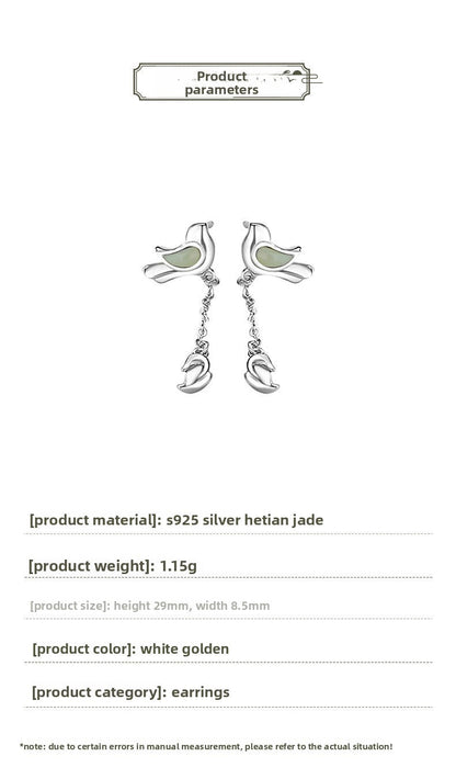 Bluebird Ear Studs Silver - 925 Silver Hetian Jade Tassel Earrings  | STAR8S