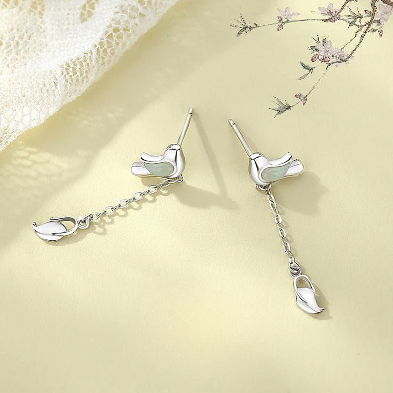 Bluebird Ear Studs Silver - 925 Silver Hetian Jade Tassel Earrings | STAR8S - STAR8S