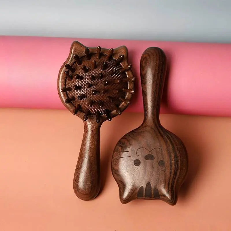 cat-shaped sandalwood chiness hair comb – scalp massage & anti-static, daily use adorable & relaxing care - star8s