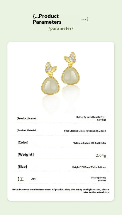 Charming Jade Clip - on Earrings: Hetian Jade Butterfly Double Flying 925 Silver | STAR8S