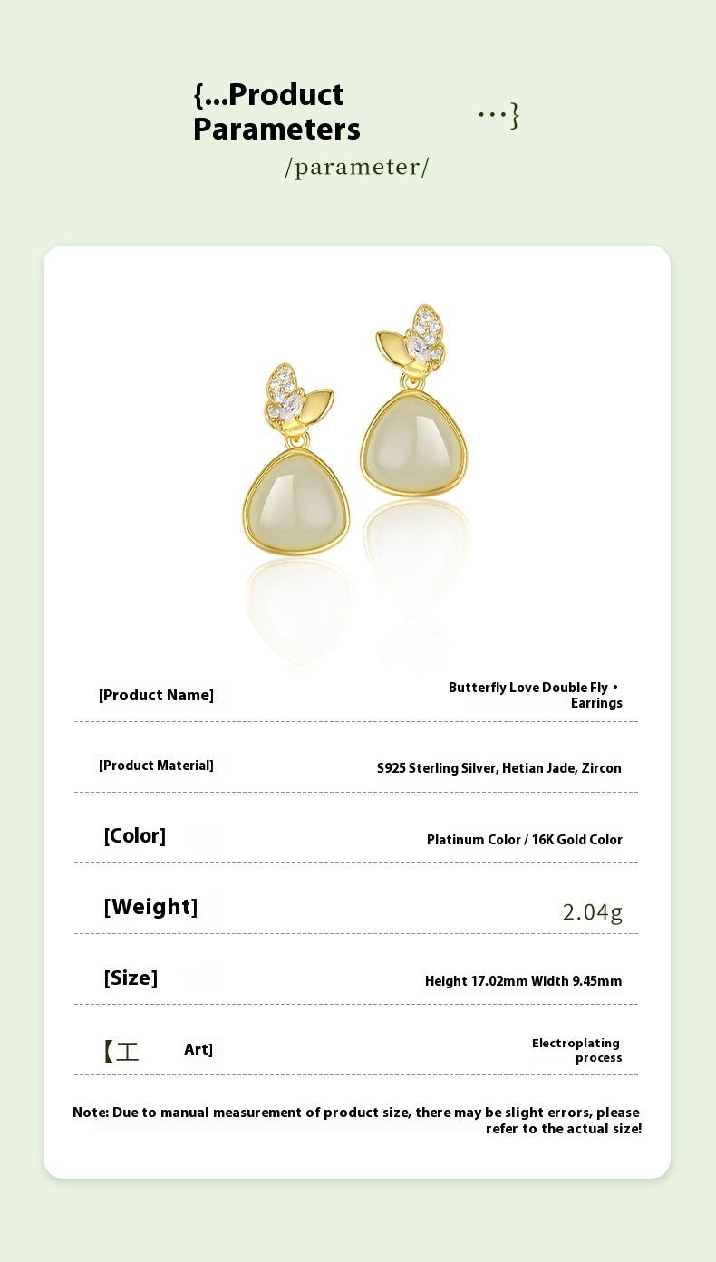 charming jade clip - on earrings: hetian jade butterfly double flying 925 silver | star8s