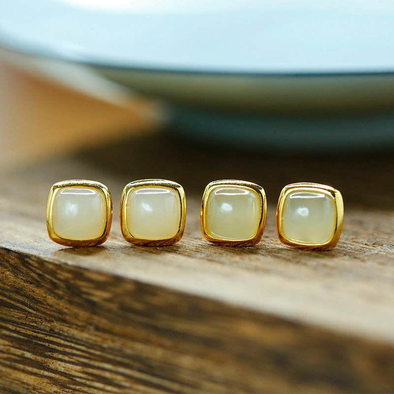 charming jade ear studs: nan hong agate sugar cube hetian jade s925 | star8s