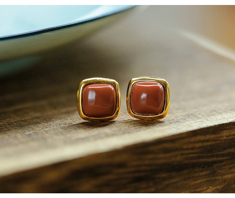 charming jade ear studs: nan hong agate sugar cube hetian jade s925 | star8s
