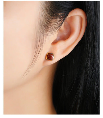 Charming Jade Ear Studs: Nan Hong Agate Sugar Cube Hetian Jade S925 | STAR8S