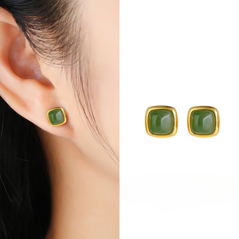 Charming Jade Ear Studs: Nan Hong Agate Sugar Cube Hetian Jade S925 | STAR8S