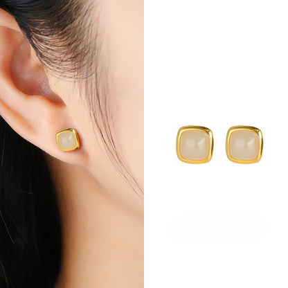 Charming Jade Ear Studs: Nan Hong Agate Sugar Cube Hetian Jade S925 | STAR8S
