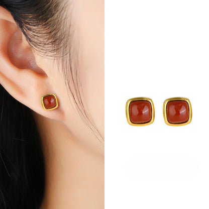 Charming Jade Ear Studs: Nan Hong Agate Sugar Cube Hetian Jade S925 | STAR8S