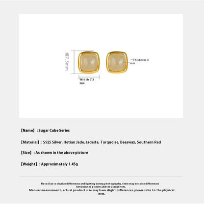 Charming Jade Ear Studs: Nan Hong Agate Sugar Cube Hetian Jade S925 | STAR8S - STAR8S