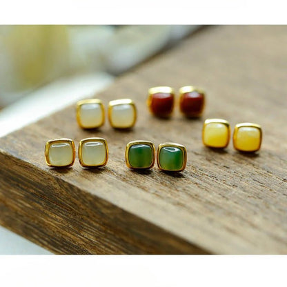 Charming Jade Ear Studs: Nan Hong Agate Sugar Cube Hetian Jade S925 | STAR8S - STAR8S