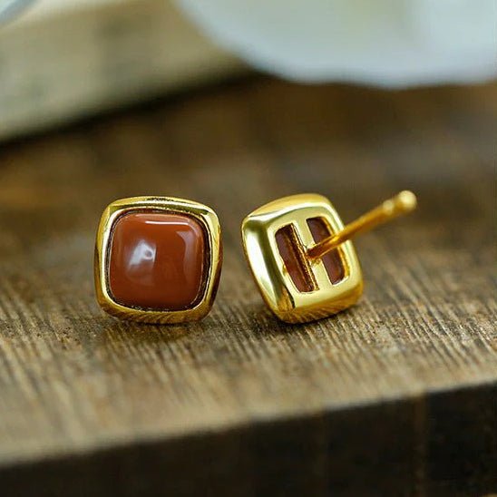 Charming Jade Ear Studs: Nan Hong Agate Sugar Cube Hetian Jade S925 | STAR8S - STAR8S