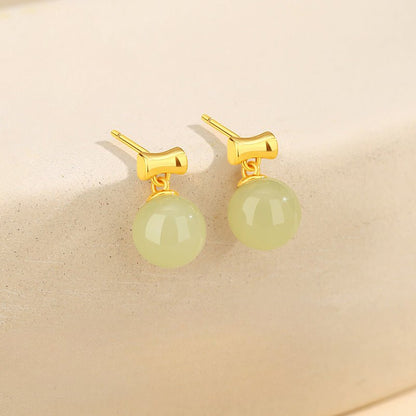 Charming Jade Stud Earrings: Round Hetian Jade S925 Bamboo Women | STAR8S