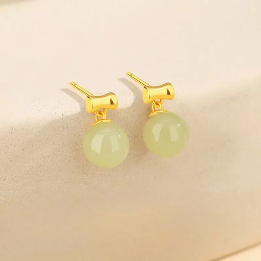 Charming Jade Stud Earrings: Round Hetian Jade S925 Bamboo Women | STAR8S