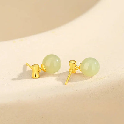 Charming Jade Stud Earrings: Round Hetian Jade S925 Bamboo Women | STAR8S
