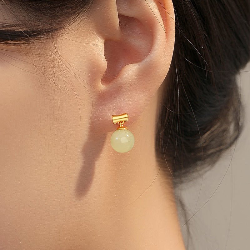 Charming Jade Stud Earrings: Round Hetian Jade S925 Bamboo Women | STAR8S