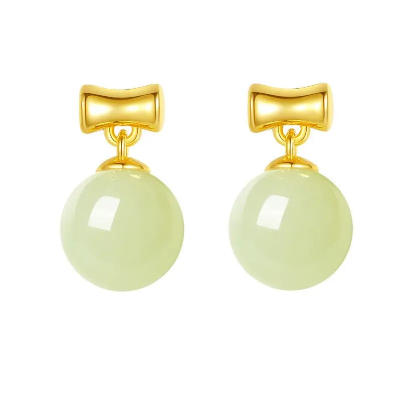 Charming Jade Stud Earrings: Round Hetian Jade S925 Bamboo Women | STAR8S