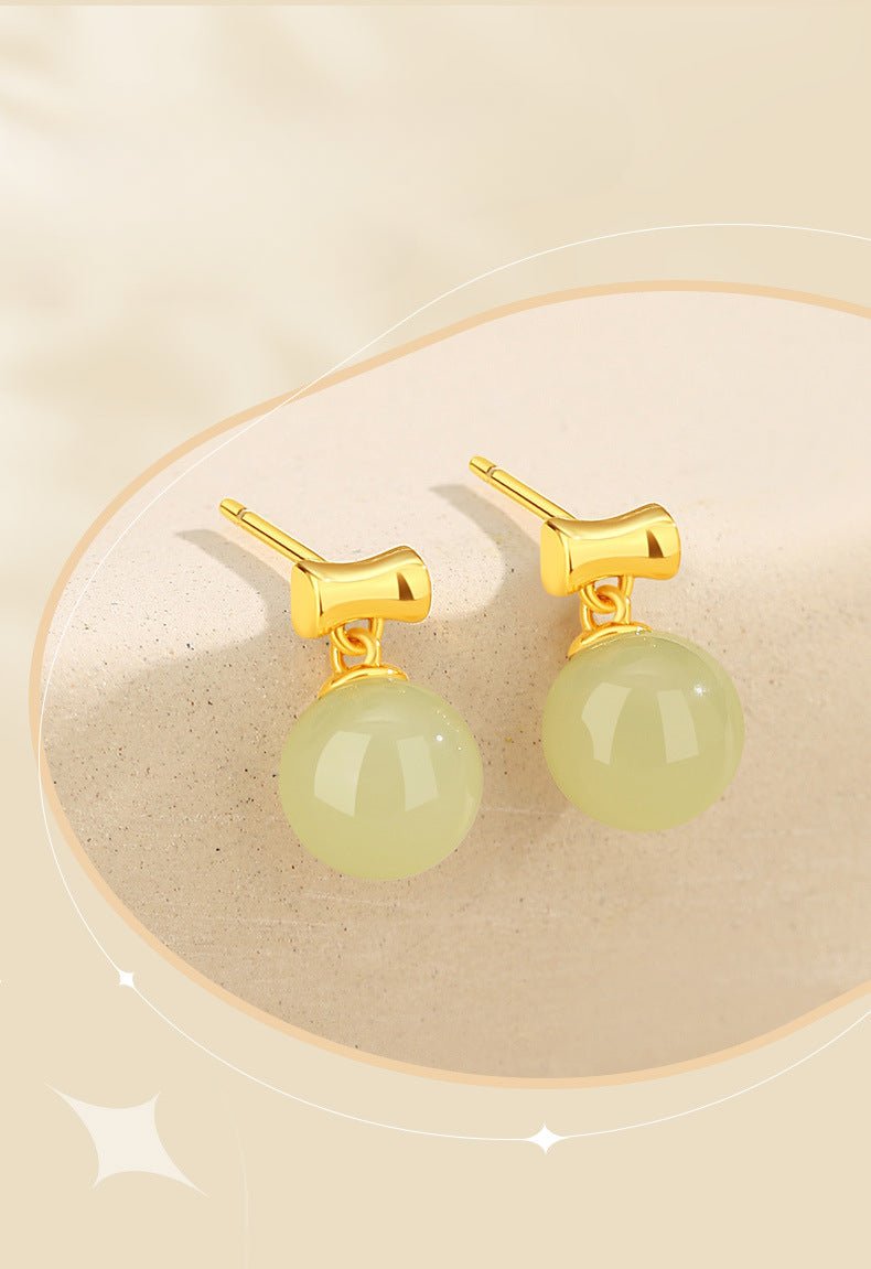 Charming Jade Stud Earrings: Round Hetian Jade S925 Bamboo Women | STAR8S