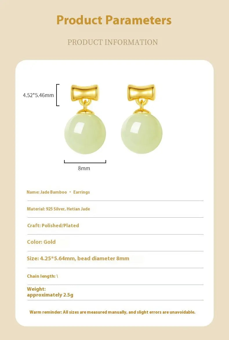 Charming Jade Stud Earrings: Round Hetian Jade S925 Bamboo Women | STAR8S