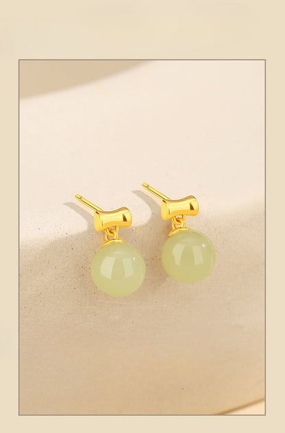 Charming Jade Stud Earrings: Round Hetian Jade S925 Bamboo Women | STAR8S