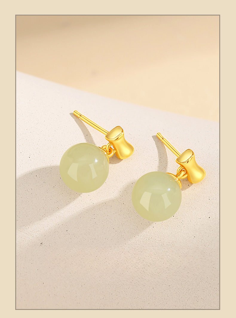 Charming Jade Stud Earrings: Round Hetian Jade S925 Bamboo Women | STAR8S