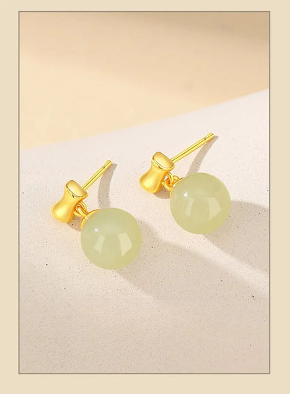 Charming Jade Stud Earrings: Round Hetian Jade S925 Bamboo Women | STAR8S