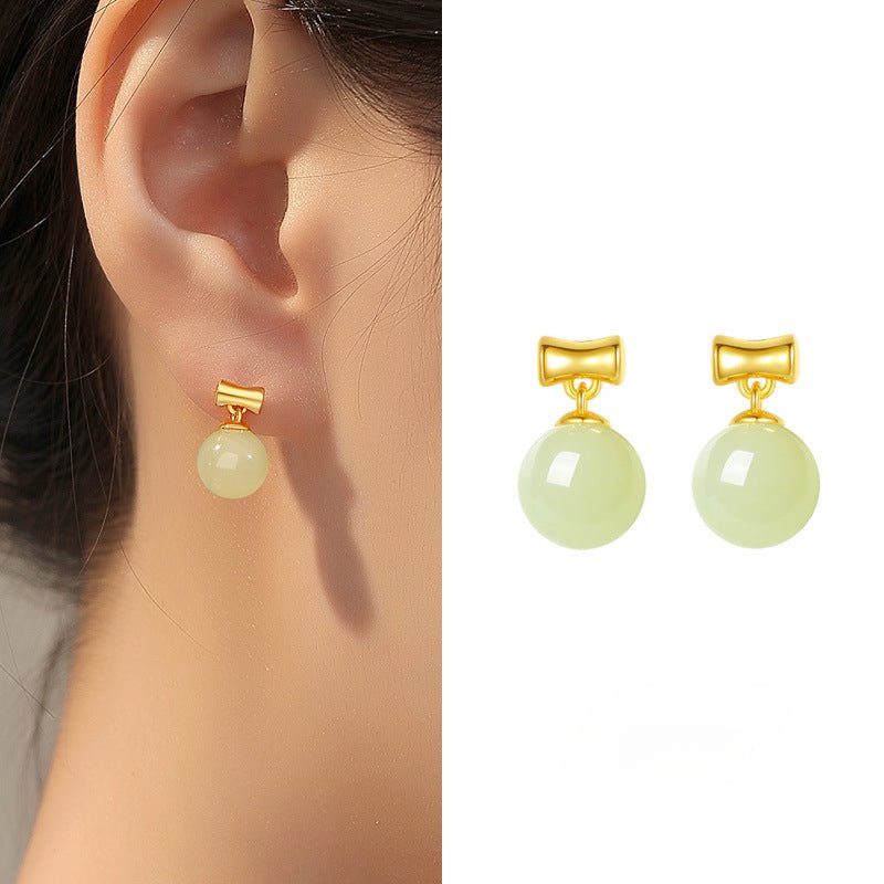 Charming Jade Stud Earrings: Round Hetian Jade S925 Bamboo Women | STAR8S