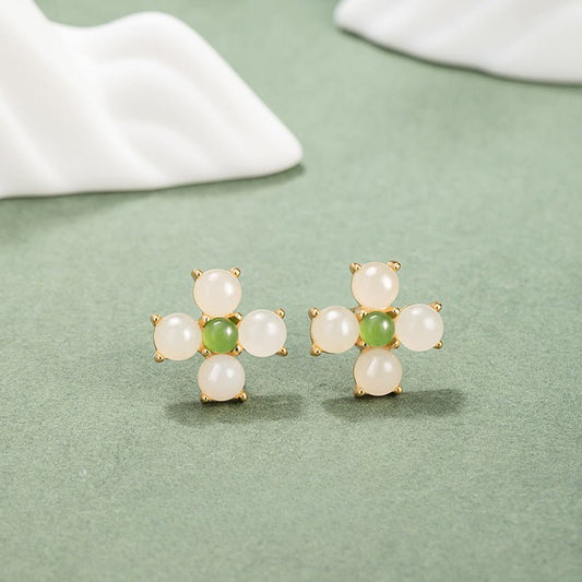 Charming & Lucky Clover Stud Earrings - Hetian Jade 925 Silver Flower Earrings | STAR8S