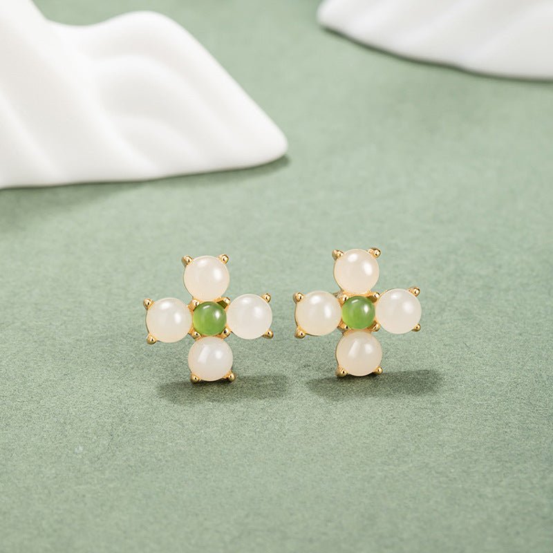 charming & lucky clover stud earrings - hetian jade 925 silver flower earrings | star8s