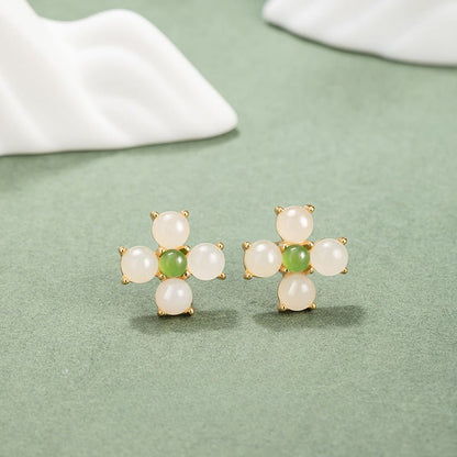 Charming & Lucky Clover Stud Earrings - Hetian Jade 925 Silver Flower Earrings | STAR8S