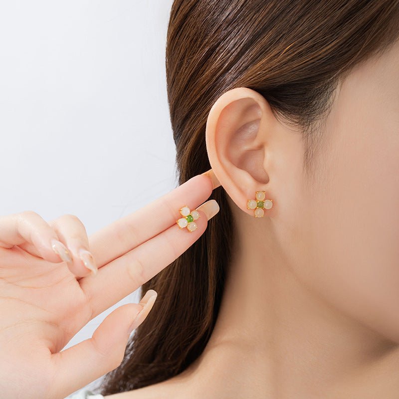 Charming & Lucky Clover Stud Earrings - Hetian Jade 925 Silver Flower Earrings | STAR8S