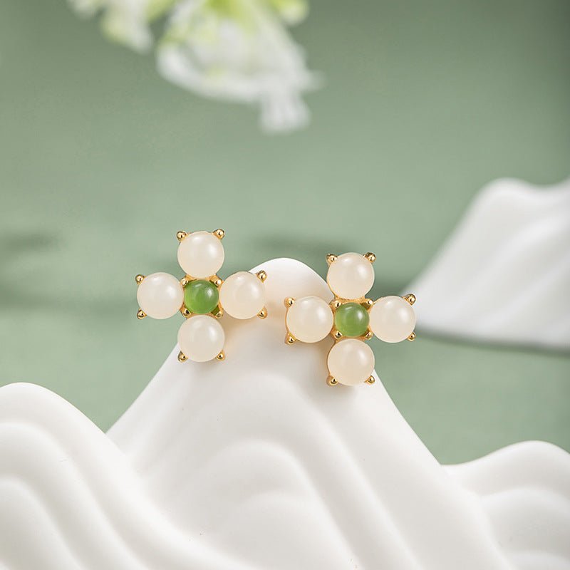 charming & lucky clover stud earrings - hetian jade 925 silver flower earrings | star8s