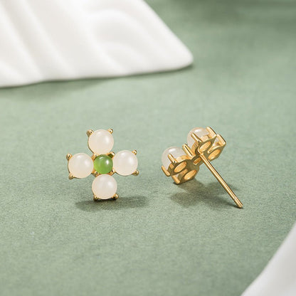 Charming & Lucky Clover Stud Earrings - Hetian Jade 925 Silver Flower Earrings | STAR8S