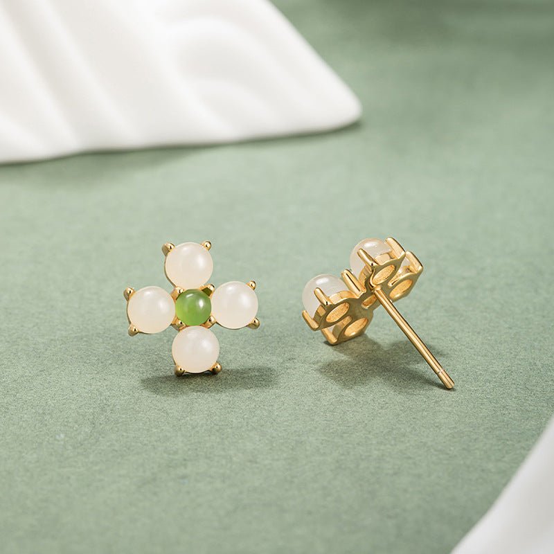 charming & lucky clover stud earrings - hetian jade 925 silver flower earrings | star8s