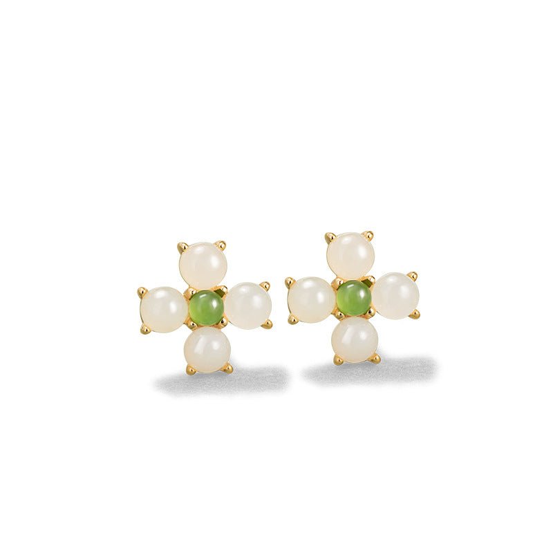 charming & lucky clover stud earrings - hetian jade 925 silver flower earrings | star8s