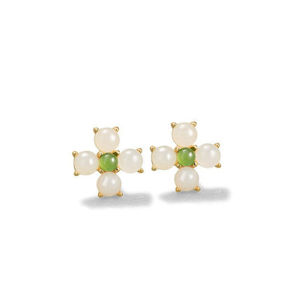 Charming & Lucky Clover Stud Earrings - Hetian Jade 925 Silver Flower Earrings | STAR8S