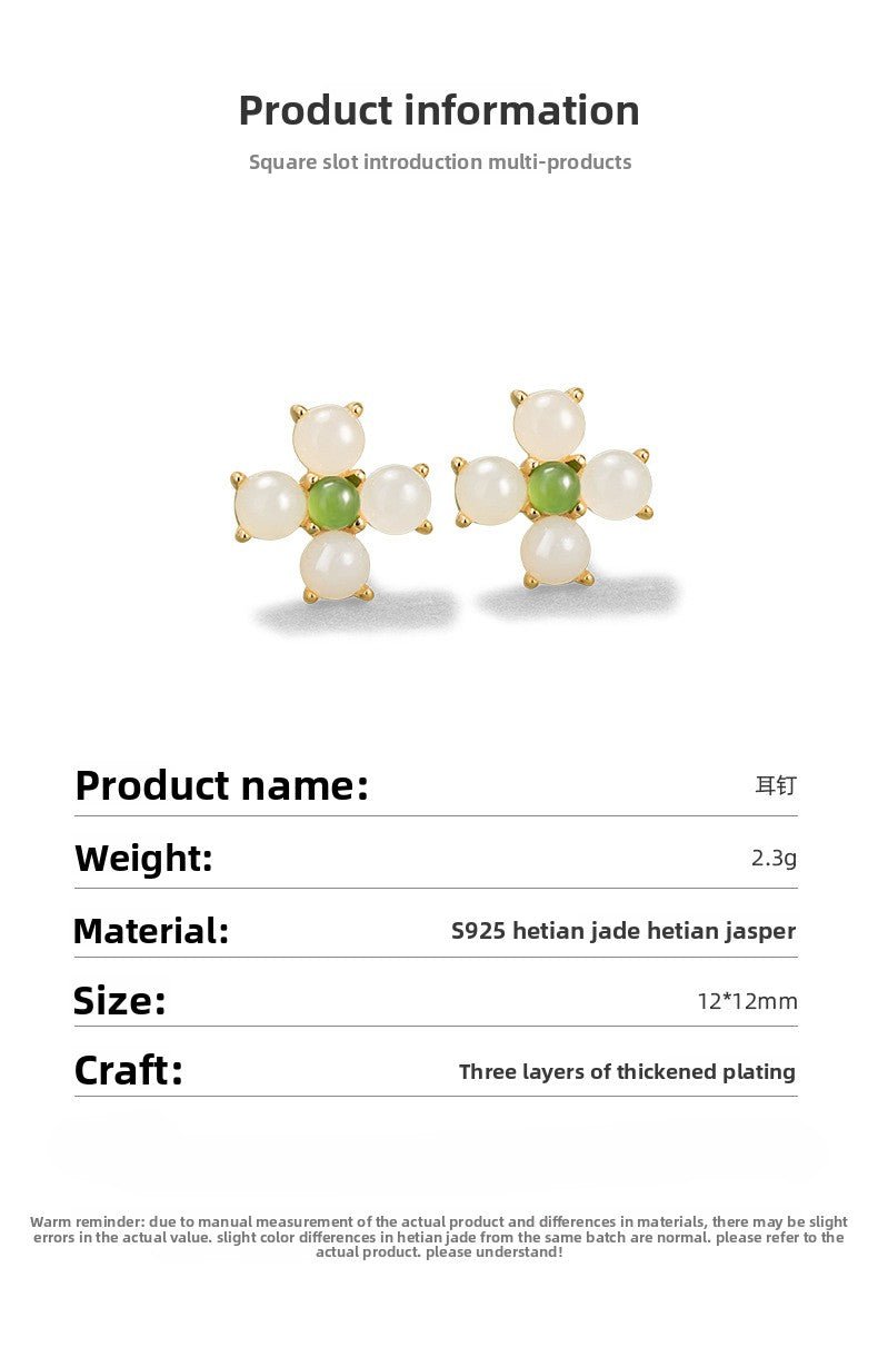 charming & lucky clover stud earrings - hetian jade 925 silver flower earrings | star8s