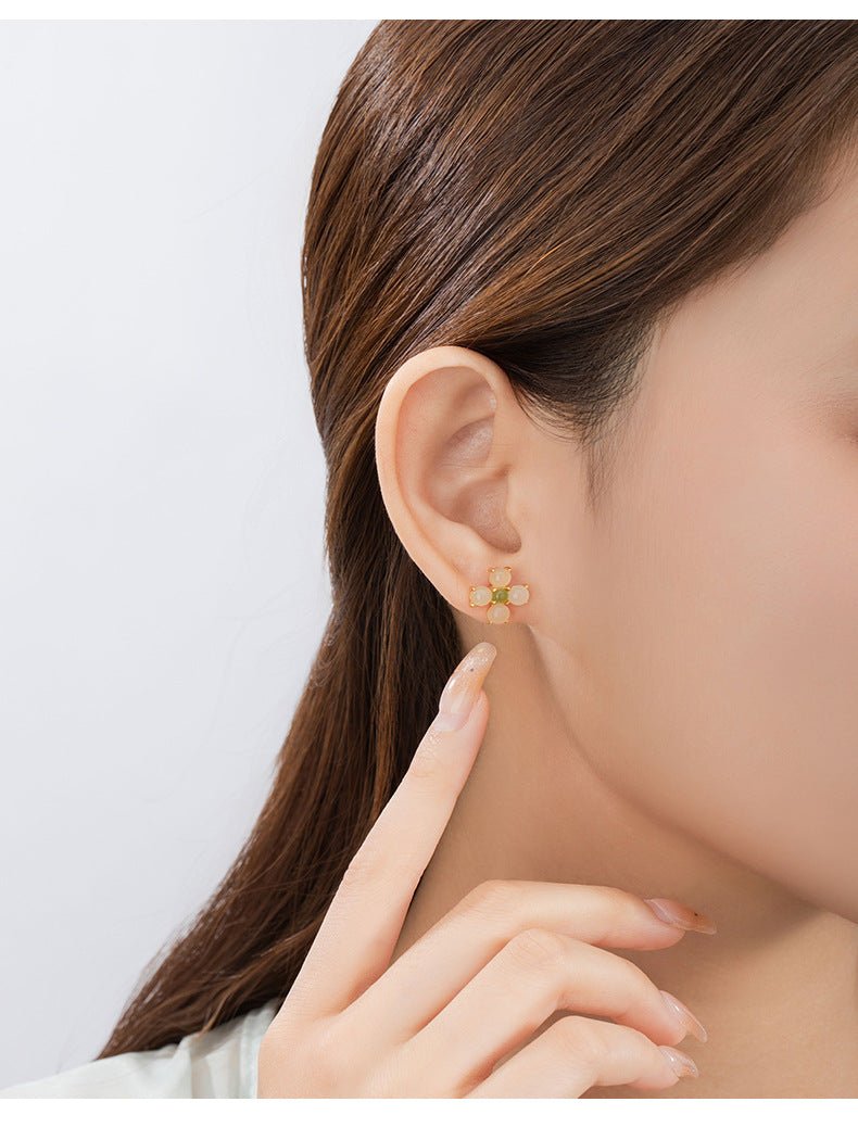 charming & lucky clover stud earrings - hetian jade 925 silver flower earrings | star8s