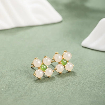 Charming & Lucky Clover Stud Earrings - Hetian Jade 925 Silver Flower Earrings | STAR8S - STAR8S