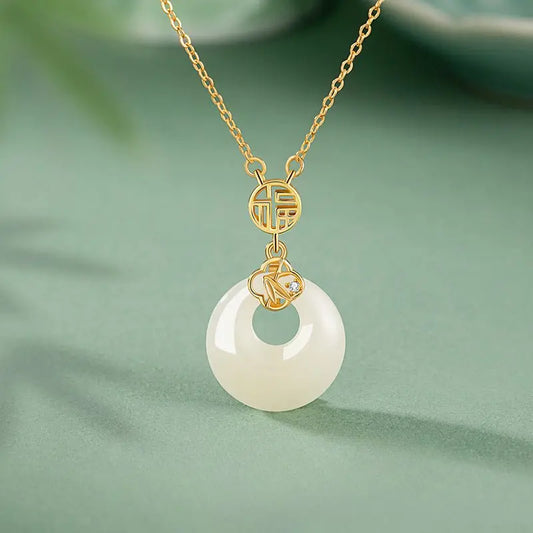 Chinese Jade Necklace - Sterling Silver Heitian Fu Hoop & Bamboo Leaf | STAR8S