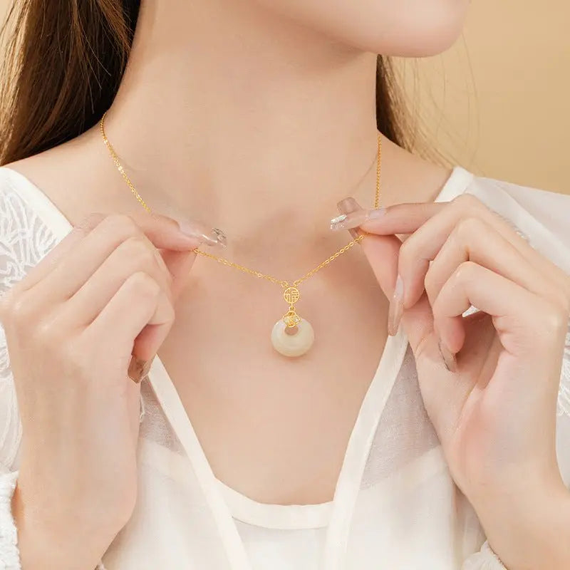 chinese jade necklace - sterling silver heitian fu hoop & bamboo leaf | star8s