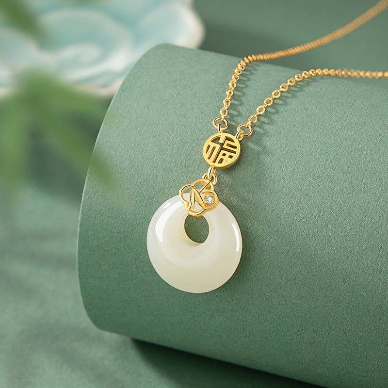 chinese jade necklace - sterling silver heitian fu hoop & bamboo leaf | star8s