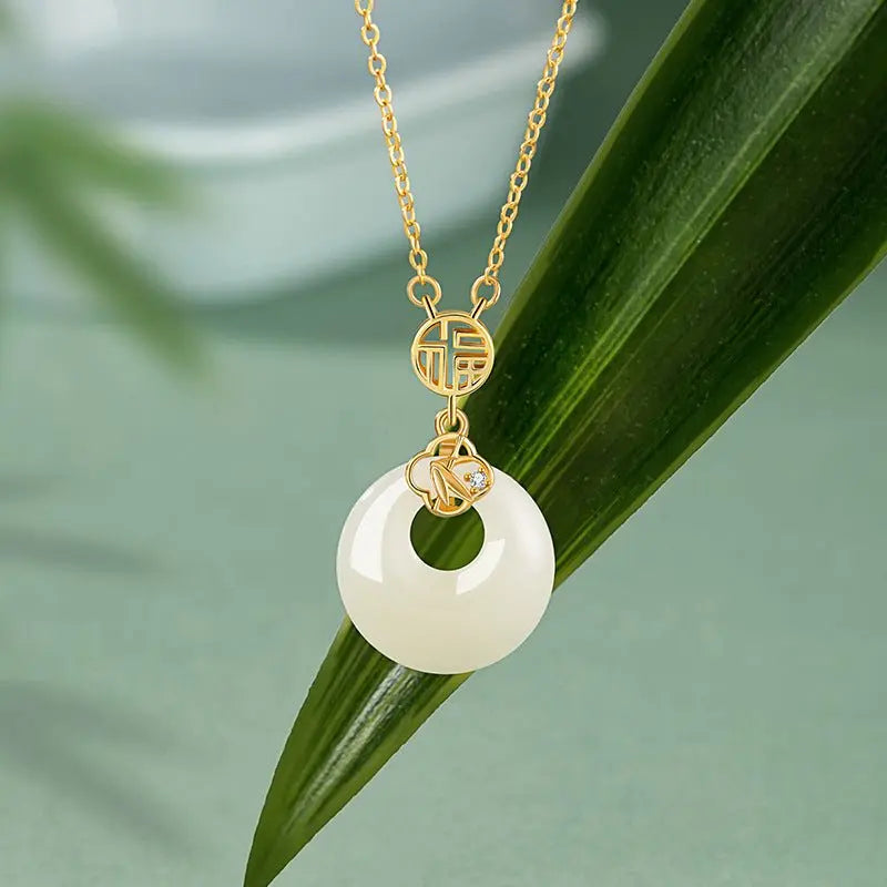 chinese jade necklace - sterling silver heitian fu hoop & bamboo leaf | star8s