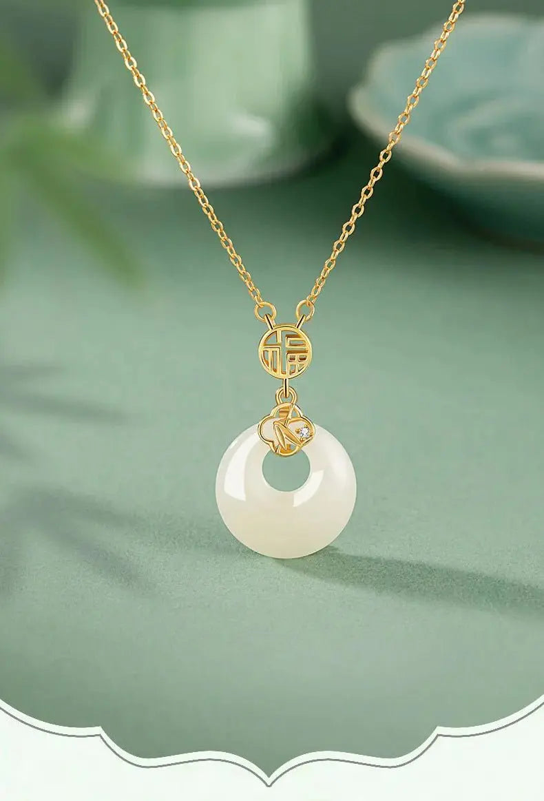 chinese jade necklace - sterling silver heitian fu hoop & bamboo leaf | star8s - star8s